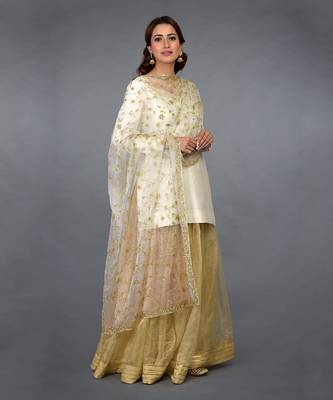 Ivory-Gold Zari Beads & Sequin Embroidered Sharara Suit 1