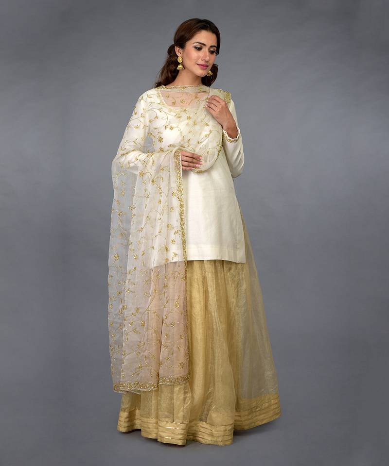 Ivory-Gold Zari Beads & Sequin Embroidered Sharara Suit