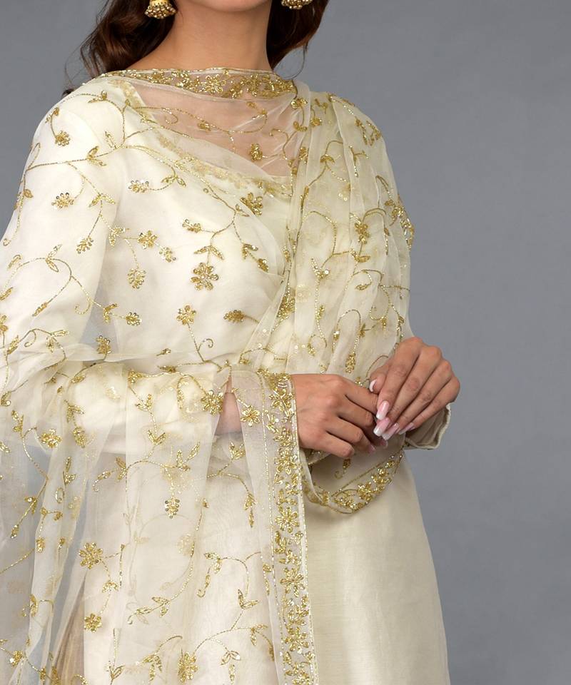 Ivory-Gold Zari Beads & Sequin Embroidered Sharara Suit