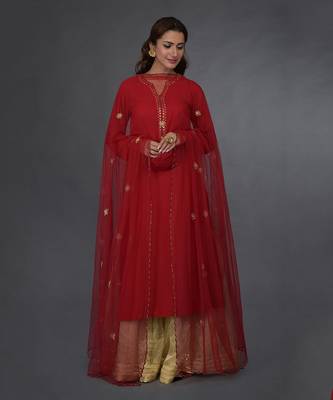 Crimson Red Sequin & Beads Hand Embroidered Sharara Suit 1