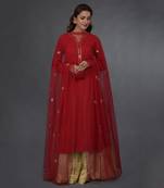 Crimson Red Sequin & Beads Hand Embroidered Sharara Suit