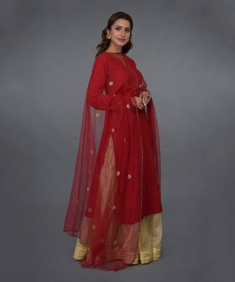 Crimson Red Sequin & Beads Hand Embroidered Sharara Suit 3