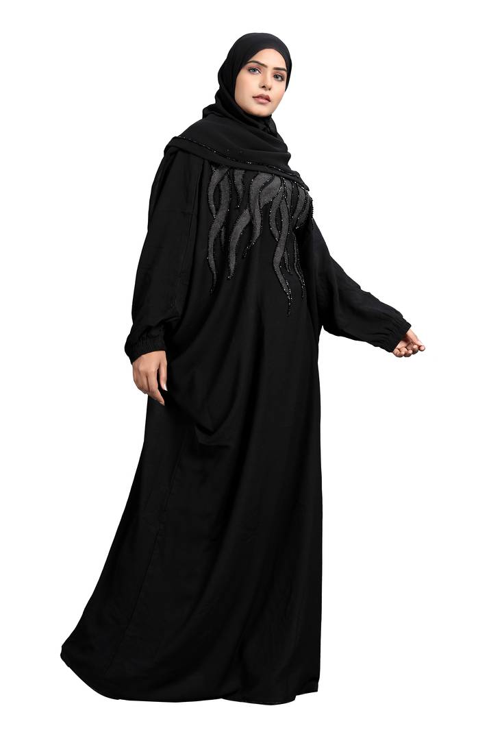 Khadija Fashion, Designer Neack Dubai Abaya|Burqa, Fashionable Look, Black Colour, Pack Of 2