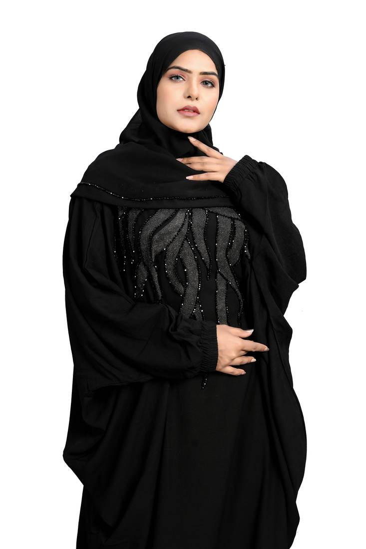 Khadija Fashion, Designer Neack Dubai Abaya|Burqa, Fashionable Look, Black Colour, Pack Of 2