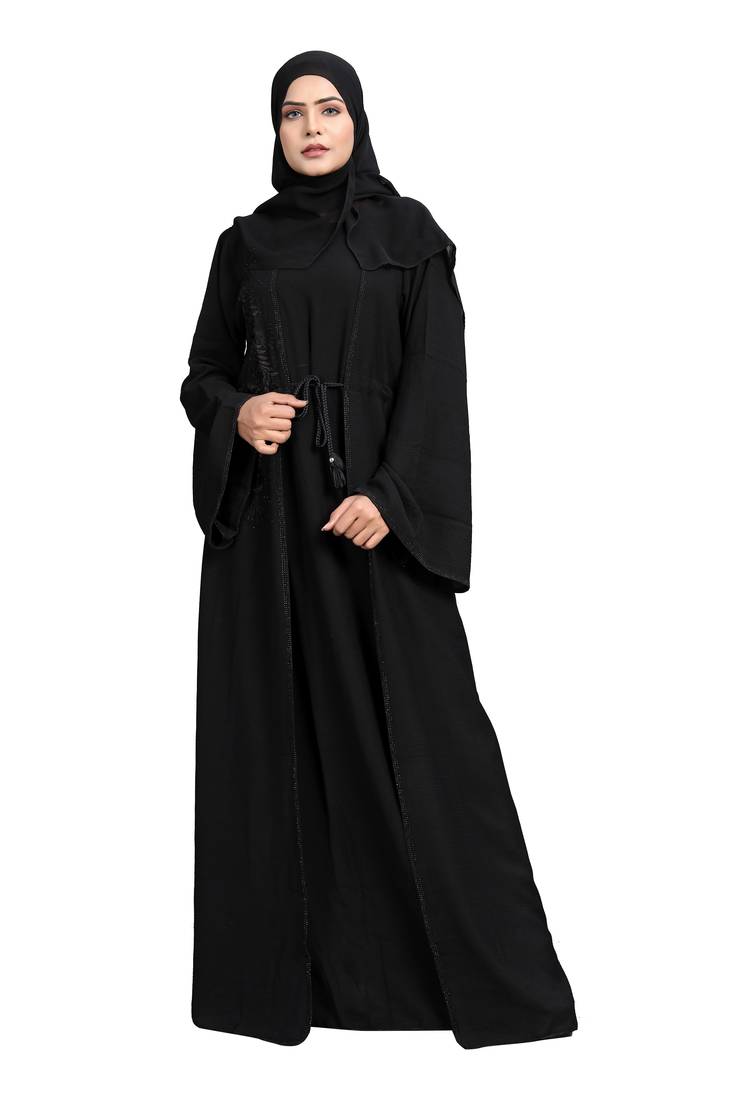 Khadija Fashion, Front Open Embroidery Stonework Dubai Stylish , Abaya|Burqa,  Classic Look, Black Colour, Pack Of 2