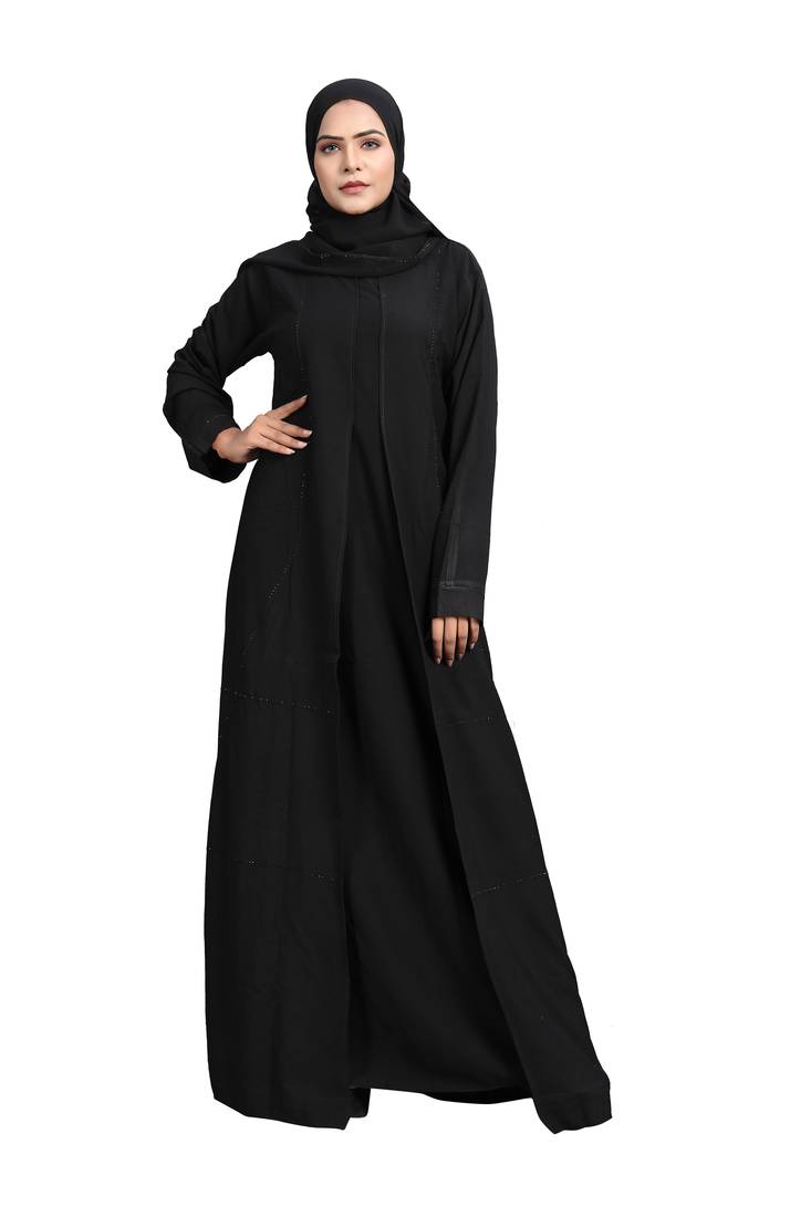Khadija Fashion, Lovely Front Open Stonework , Abaya|Burqa,  Fashionable Look, Black Colour, Pack Of 2