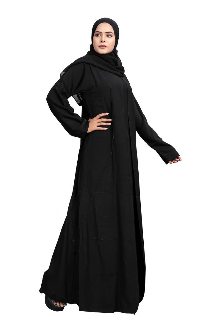 Khadija Fashion, Lovely Front Open Stonework , Abaya|Burqa,  Fashionable Look, Black Colour, Pack Of 2
