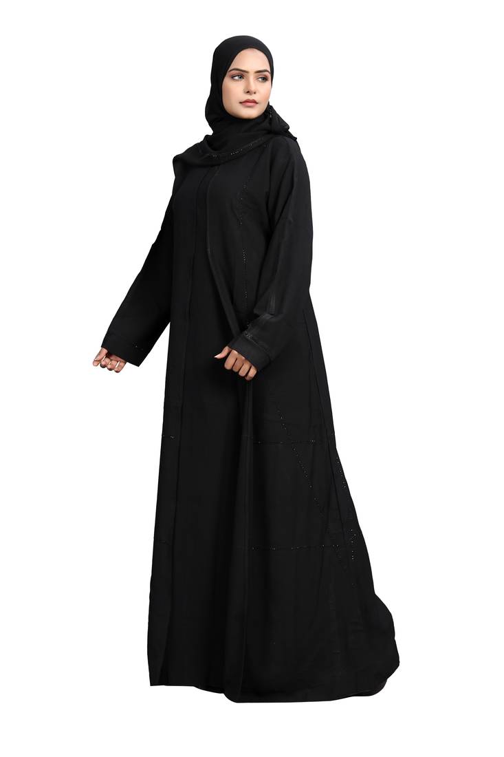 Khadija Fashion, Lovely Front Open Stonework , Abaya|Burqa,  Fashionable Look, Black Colour, Pack Of 2