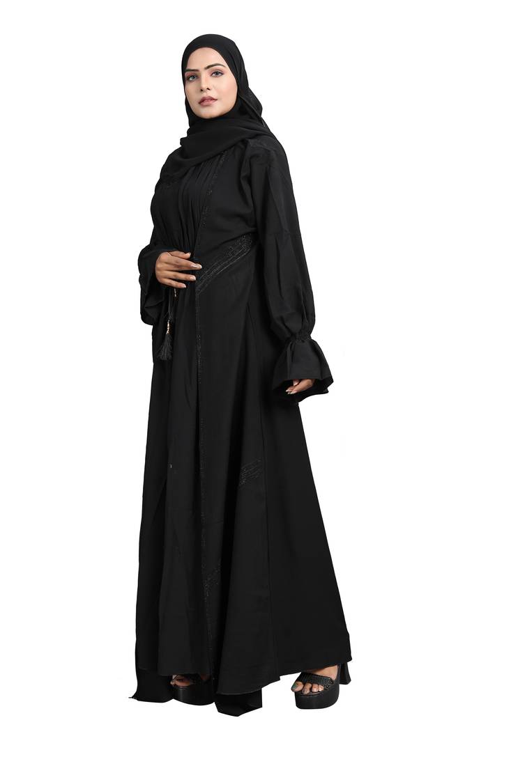 Khadija Fashion, Front Open Stonework Fancy Sleeves, Abaya|Burqa,  Fashionable Look, Black Colour, Pack Of 2