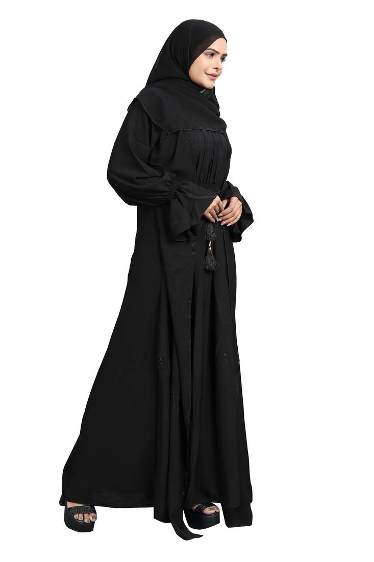 Khadija Fashion, Front Open Stonework Fancy Sleeves, Abaya|Burqa,  Fashionable Look, Black Colour, Pack Of 2