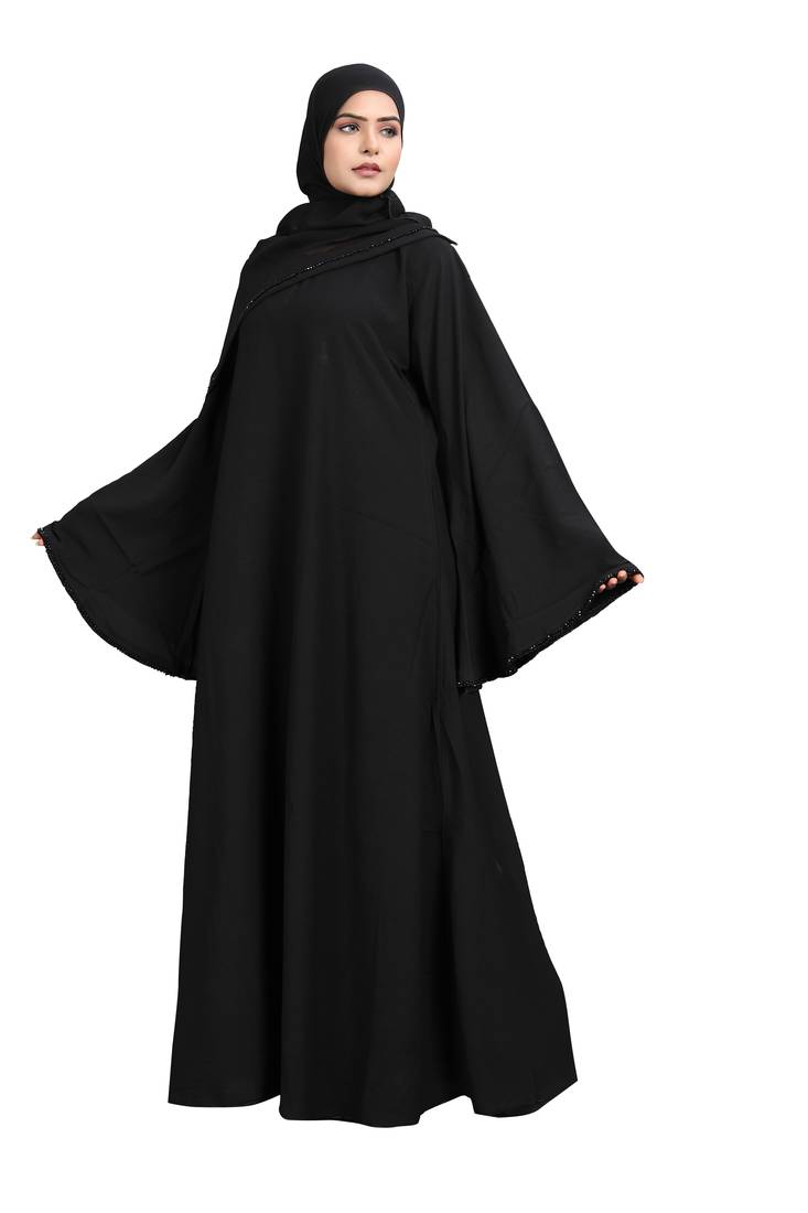 Khadija Fashion, Abaya|Burqa For Women|Girls Handicraft Crystal Pearl Work Umbrella Sleeves, Black Colour, Pack Of 2