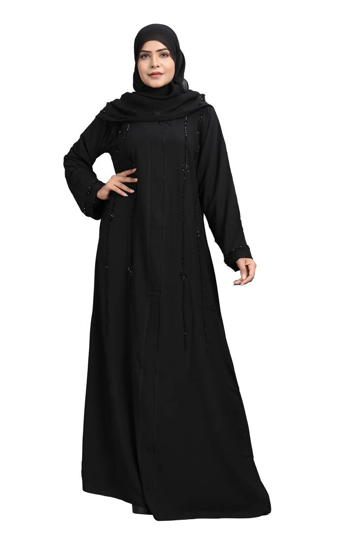 Khadija Fashion, Front Side Handwork Abaya|Burqa For Women And Girls Fashionable Look, Black Colour, Pack Of 2