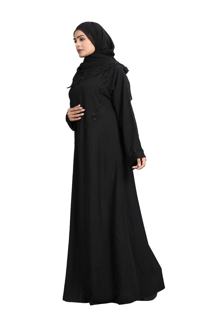 Khadija Fashion, Stylish Dubai Abaya|Burqa For Women And Girls, Leafly Flowers Work, Glory Look, Black Colour, Pack Of 2