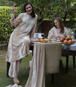 Fawn -Silver Kashmiri Tilla Embroidered Kalidar Kurta With Dupatta