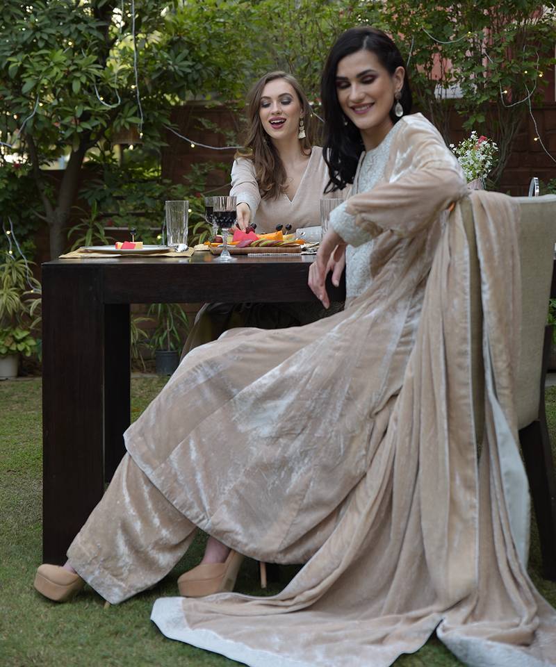 Fawn -Silver Kashmiri Tilla Embroidered Kalidar Kurta With Dupatta