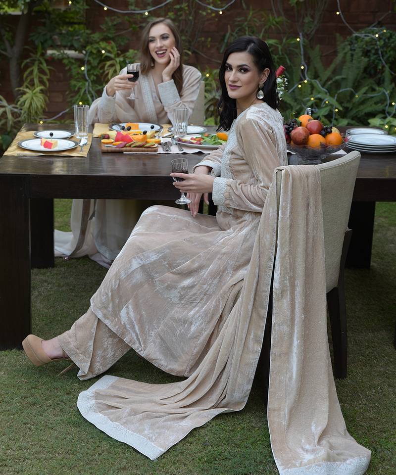 Fawn -Silver Kashmiri Tilla Embroidered Kalidar Kurta With Dupatta