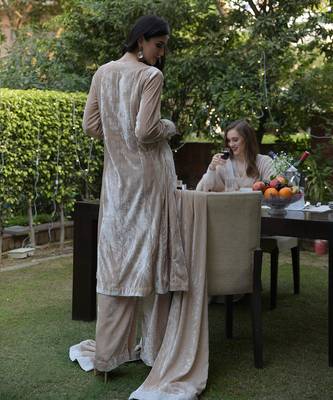 Fawn -Silver Kashmiri Tilla Embroidered Kalidar Kurta With Dupatta 4