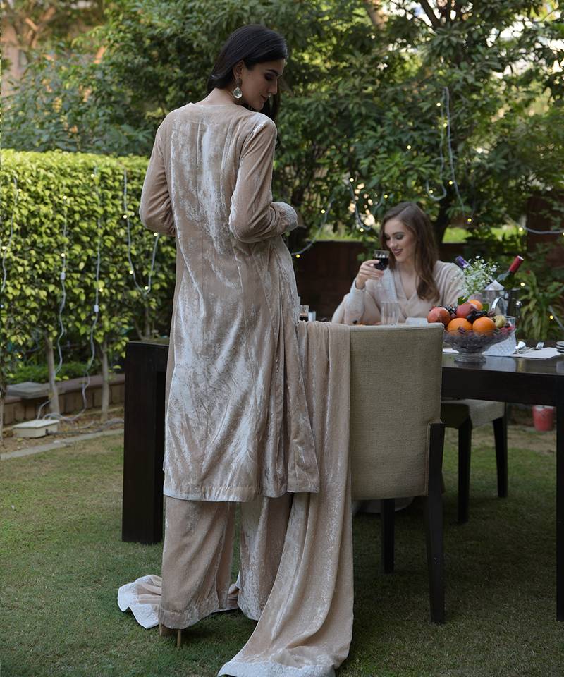 Fawn -Silver Kashmiri Tilla Embroidered Kalidar Kurta With Dupatta