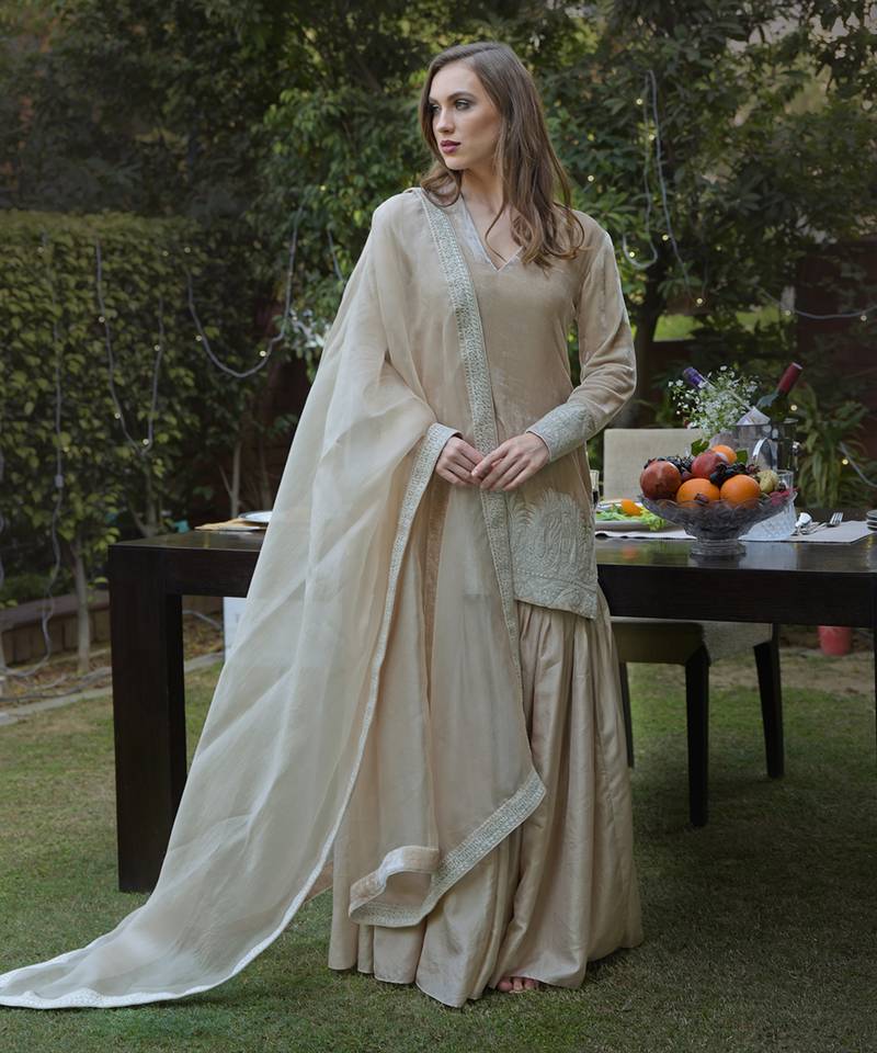 Fawn Kashmiri Tilla Embroidered Gharara Set