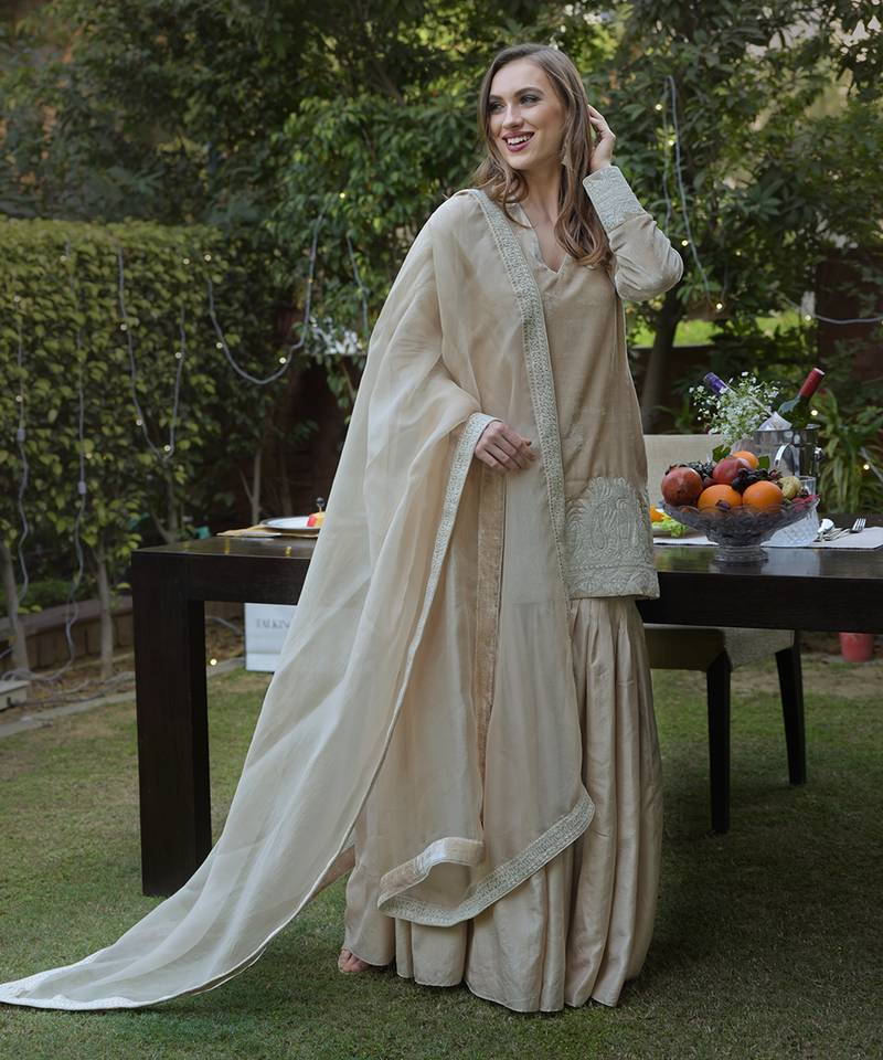 Fawn Kashmiri Tilla Embroidered Gharara Set