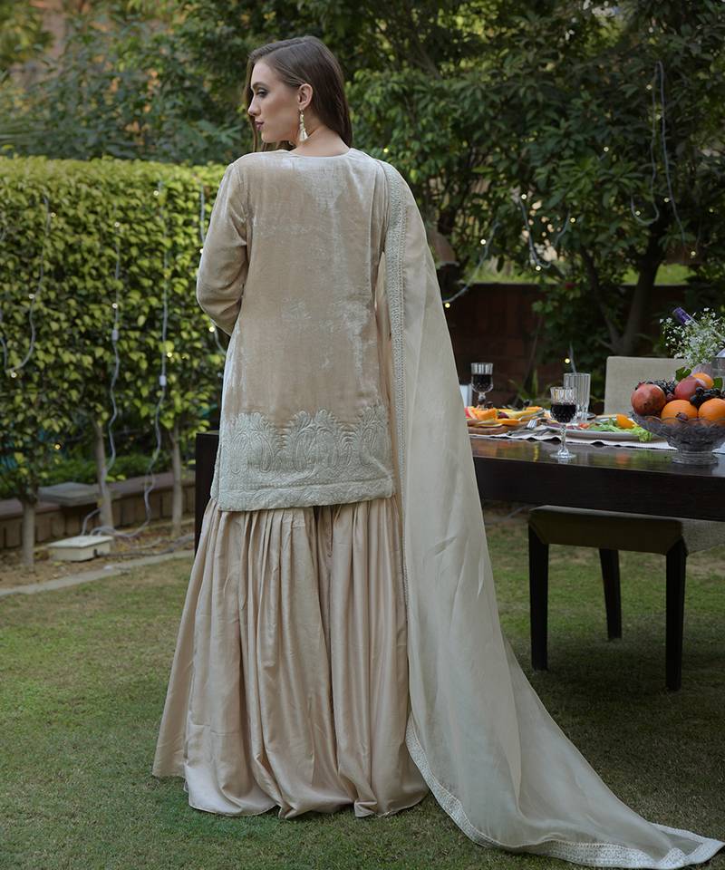 Fawn Kashmiri Tilla Embroidered Gharara Set