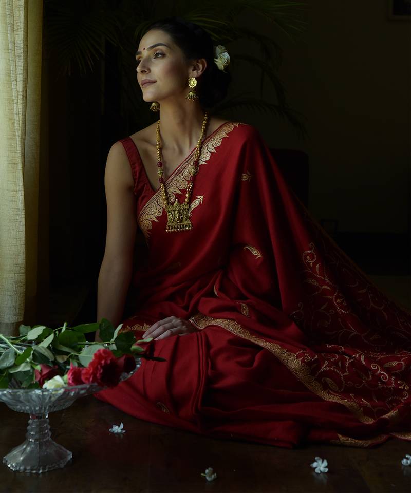 Red Kashmiri Tilla Embroidered Pure Crepe Saree - TALKING THREADS - 3960539