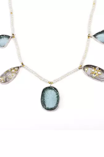 Sangeeta Boochra X Payal Singhal  Heer Silver Necklace with Multiple Gemstones and Pearl Chain