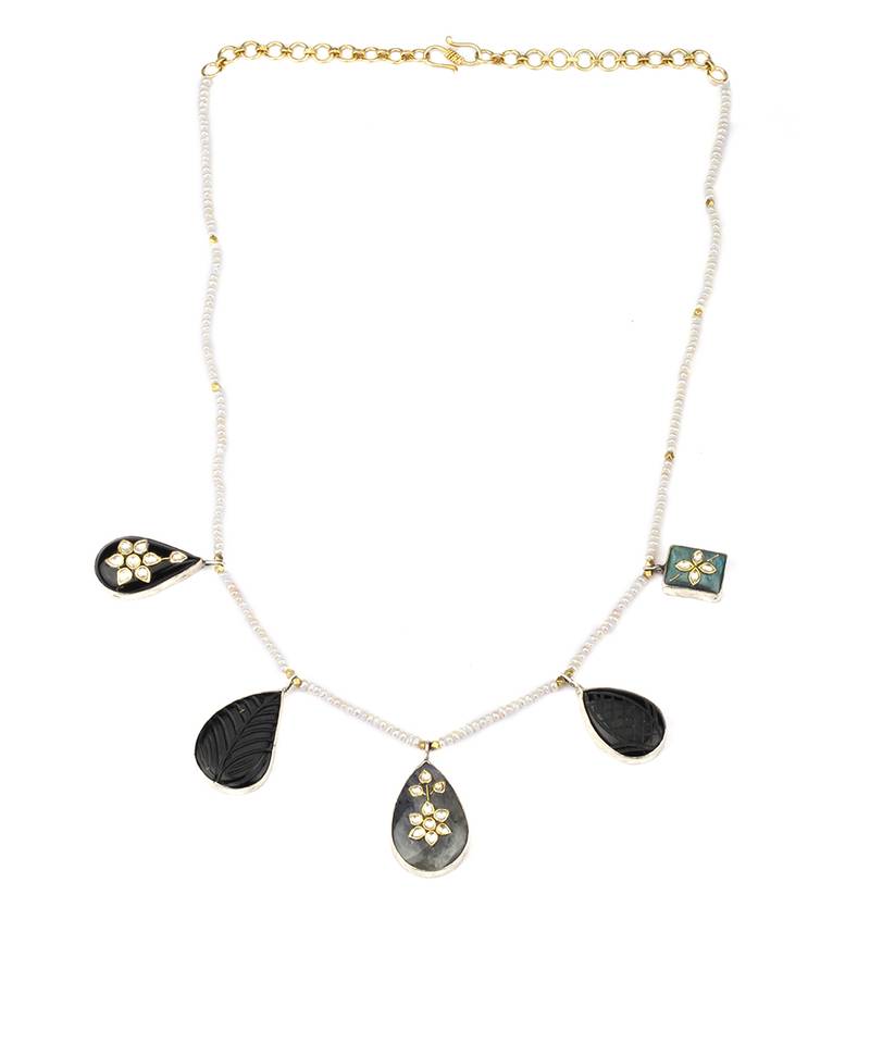 Sangeeta Boochra X Payal Singhal  Ira Silver Necklace with Multiple Stones and Pearl Chain