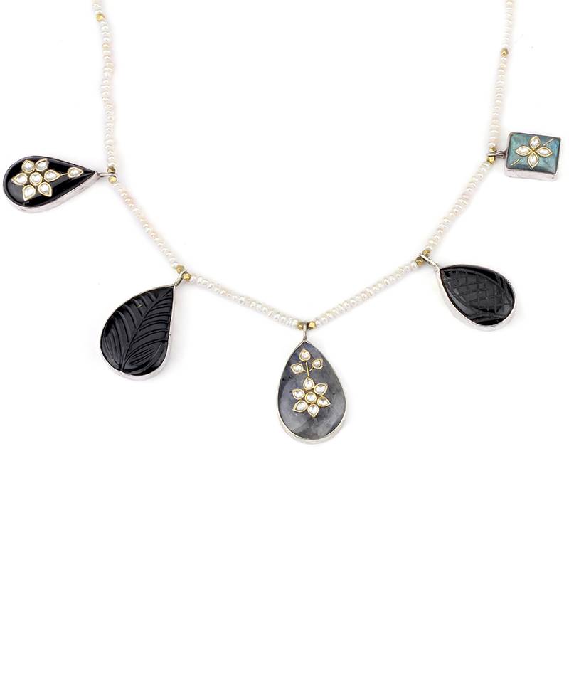 Sangeeta Boochra X Payal Singhal  Ira Silver Necklace with Multiple Stones and Pearl Chain