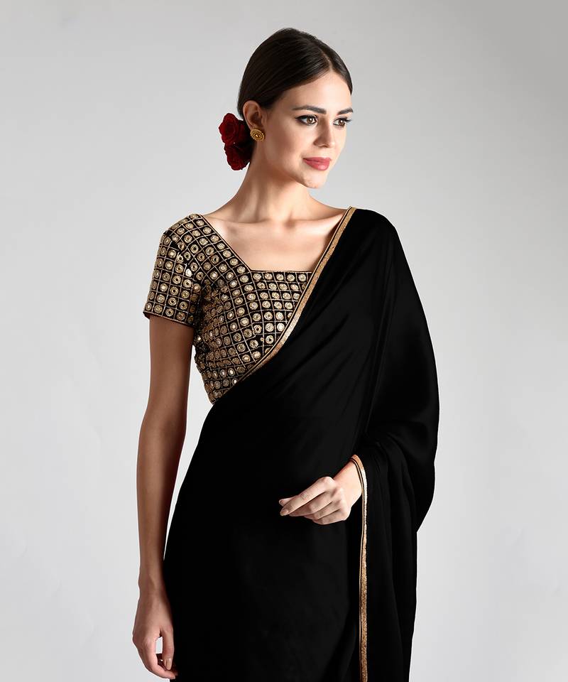Black Mirror Work And Zardozi Hand Embroidered Saree