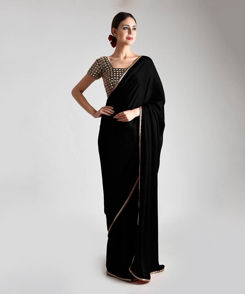 Black Mirror Work And Zardozi Hand Embroidered Saree