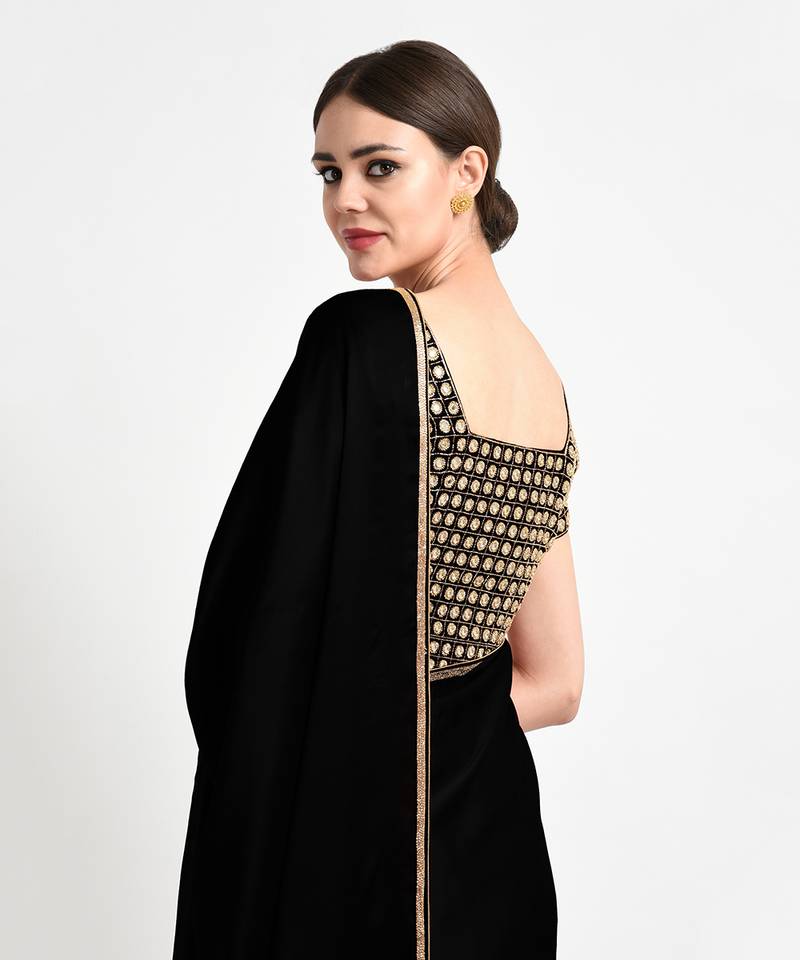 Black Mirror Work And Zardozi Hand Embroidered Saree