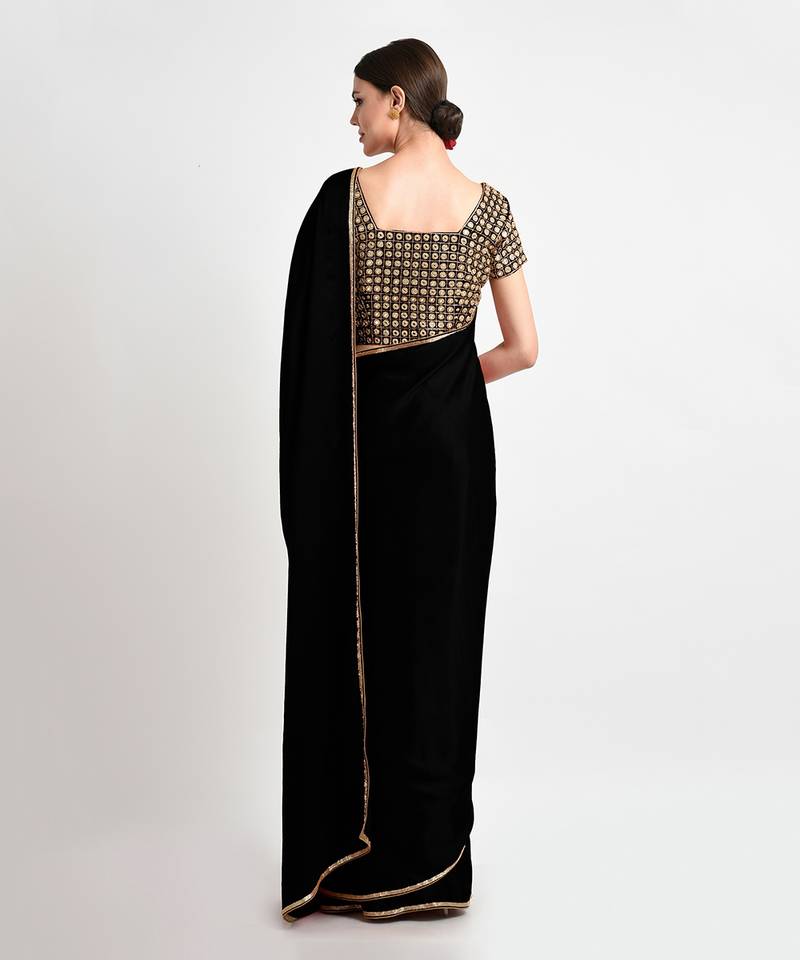 Black Mirror Work And Zardozi Hand Embroidered Saree