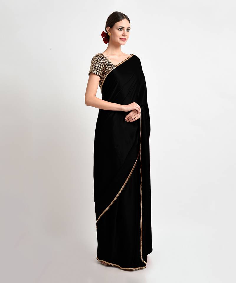 Black Mirror Work And Zardozi Hand Embroidered Saree