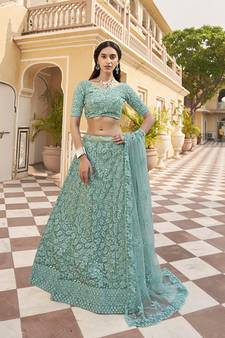 Sky-blue embroidered net semi stitched lehenga