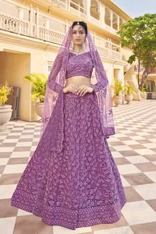Pink embroidered net semi stitched lehenga