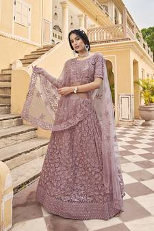 Mauve embroidered net semi stitched lehenga