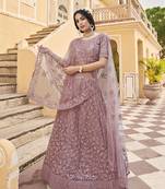 Mauve embroidered net semi stitched lehenga