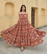 Red printed cotton long-dresses