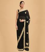 Black - Gold Kashmiri Tilla Embroidered Pure Georgette Saree
