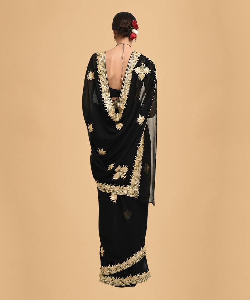 Black - Gold Kashmiri Tilla Embroidered Pure Georgette Saree