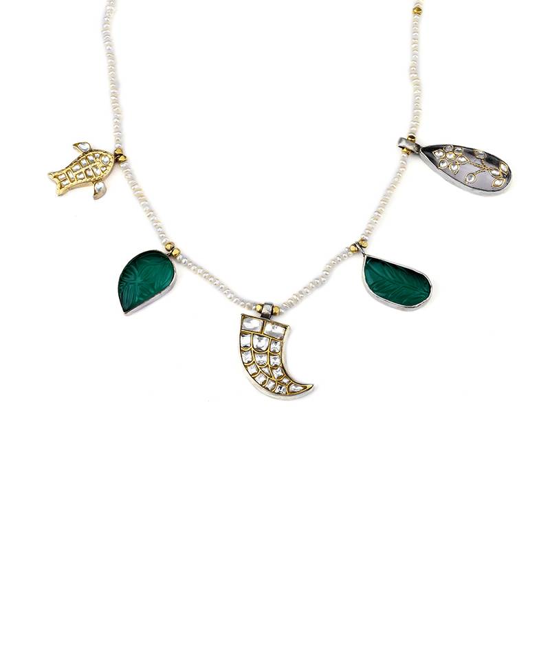 Sangeeta Boochra X Payal Singhal  Parveen Silver Necklace with Multiple Stones and Pearl Chain