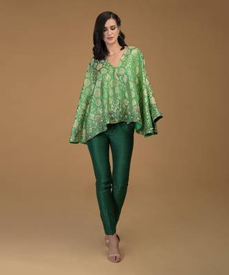 Kelly Green Pure Silk Banarasi Brocade Kimono Jacket Set 1