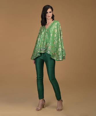 Kelly Green Pure Silk Banarasi Brocade Kimono Jacket Set 2