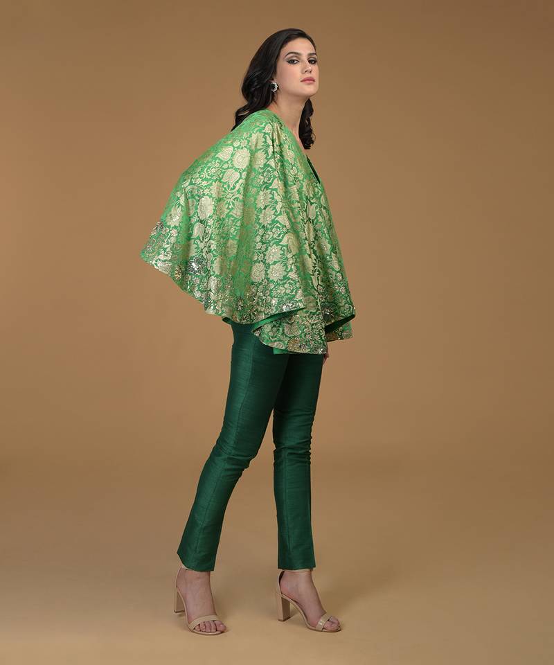 Kelly Green Pure Silk Banarasi Brocade Kimono Jacket Set