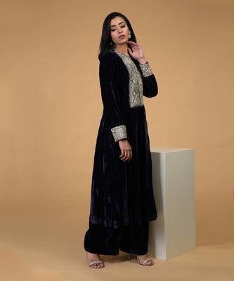 Midnight Blue Silver Kashmiri Tilla Embroidered Kurta Set 3