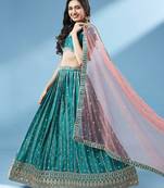 Panchhi Green Pure Georgette Sequins Embroidered Semi-Stitched Lehenga