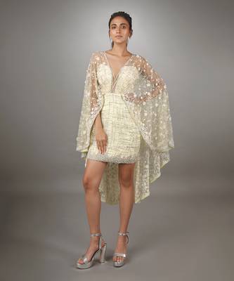 Yellow Embroidered Cap Sleeve Short Dress 1