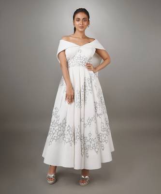White Calf Length Off Shoulder Dress 1