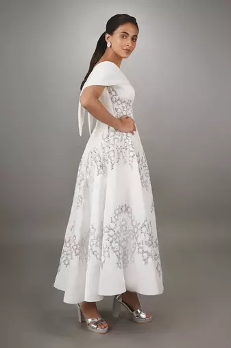 White Calf Length Off Shoulder Dress